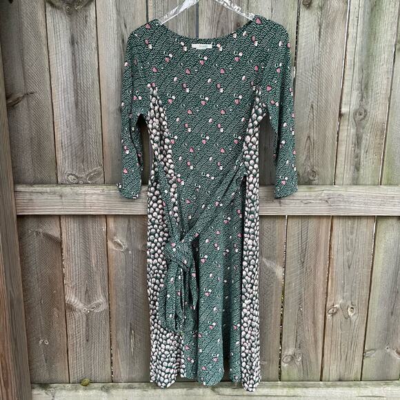 Boden Dress Midi Jersey Floral Mixed Print Artsy Stretch Green Long Sleeve US 10